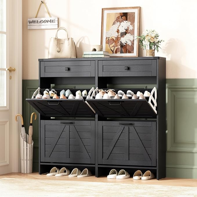Halitaa Shoe Cabinet with 4 Flip Drawers & 2 Drawers,Farmhouse Shoe Storage Cabinet for Entryway,Slim Freestanding Organizer Rack for Front Door Entrance,Black