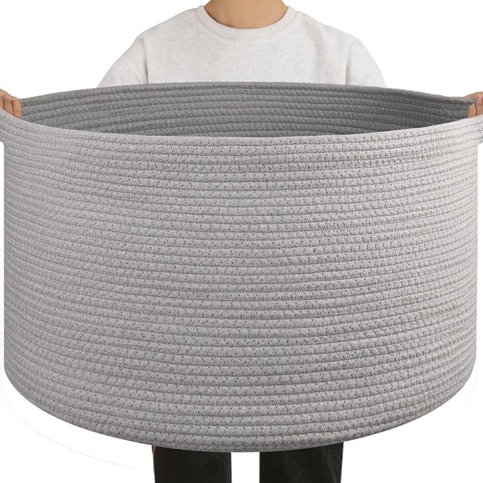OIAHOMY 90L Extra Large Blanket Basket - Decorative Cotton Rope Storage Basket for Bedroom, Living Room & Nursery - Woven Laundry Hamper for Organizing Blankets, Clothes & Toys - Light Grey