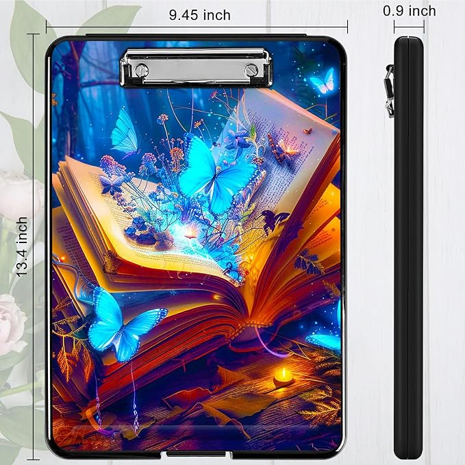 Book Blue Butterfly A4 Clipboard with Storage Pen Holder, Clipboards Organizer Nursing Clipboard Foldable File Folder Plastic Clipboard Folio Clip Board for Office Students Classroom Doctor