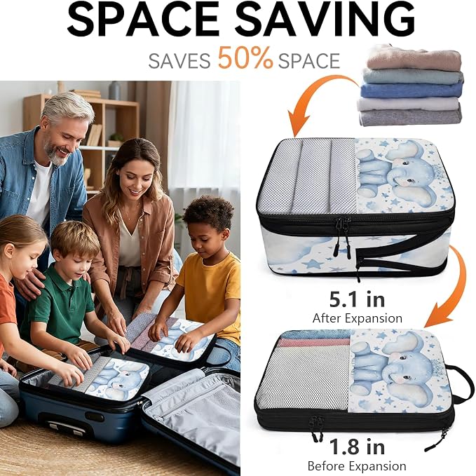 Elephant 6 Set Compression Packing Cubes Blue Elephant Expandable Packing Organizer for Travel Accessories Luggage Suitcase Bag