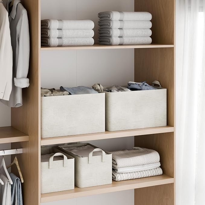 StorageWorks Fabric Storage Bins, Linen Closet Organizers, Beige, 2-Pack | With Reinforced PU Handles, Metal Frame, Sturdy Structure, Collapsible, for Closet, Shelves, Holds Clothes, Towels, Blankets