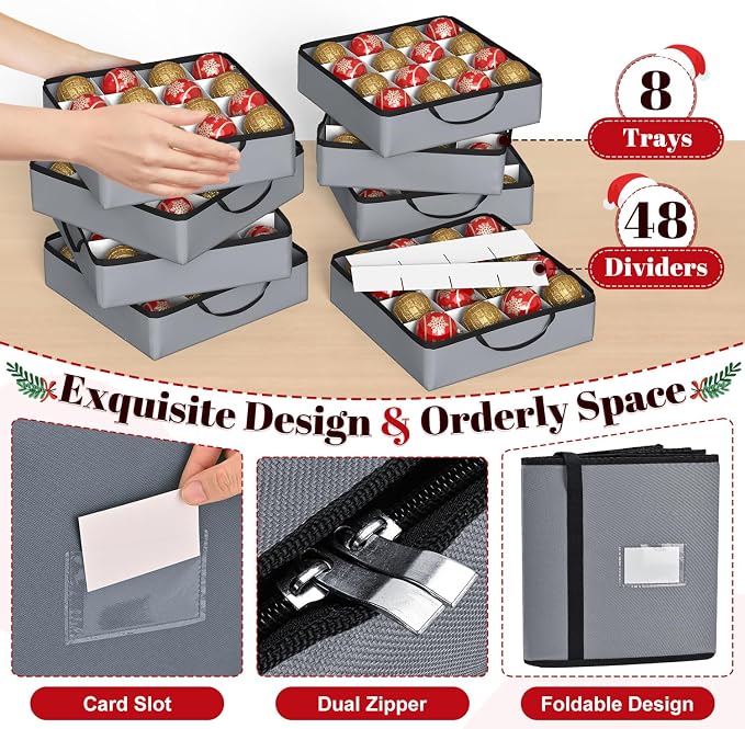 Keten Large Christmas Ornament Storage Boxes with Adjustable Dividers | Stores up to 128 Holiday Ornaments 3-Inch, 8 Individual Trays with Handles,48 Dividers, Zippered Lid, 600D Oxford (Grey)