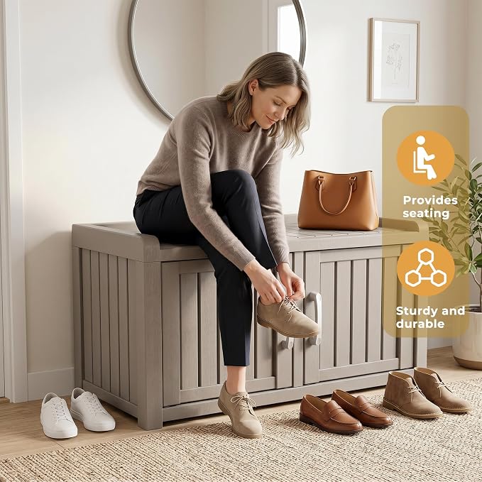 ROJIK Shoe Cabinet Waterproof UV-Resistant,Storage Bench Indoor Outdoor with Adjustable Shelves,for Entryway Bedroom,Hallway,Living Room(Double Door,Grey)