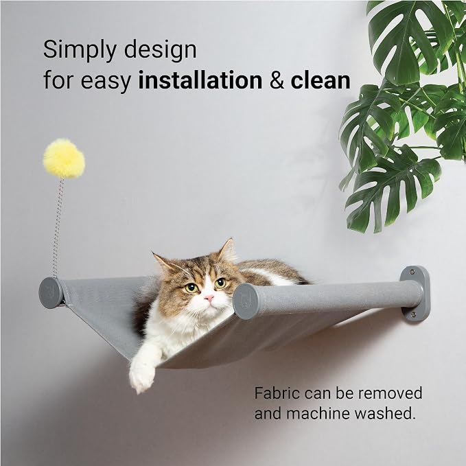 Wall Mounted Cat Hammock with Toy, Easy-to-insall Cat Wall Shelf with Soft Pad on This Premium Kitty Furniture, Modern Design. Easily Supports up to 40 lbs (Easy-Install, Dark Grey)