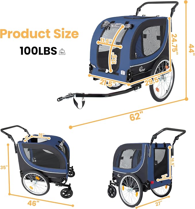 2-in-1 Dog Bike Trailer & Pet Stroller for Dogs Up to 100 lbs, Foldable