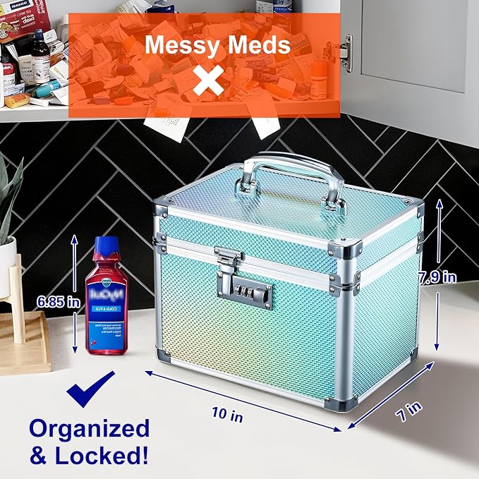 Lockable Medicine Storage Box - Turquoise Cabinet Med Lock Organizer, 10 x 7 x 7.9 Inches Safe Med Case with Lock for Home, Dorm, Office, or Travel
