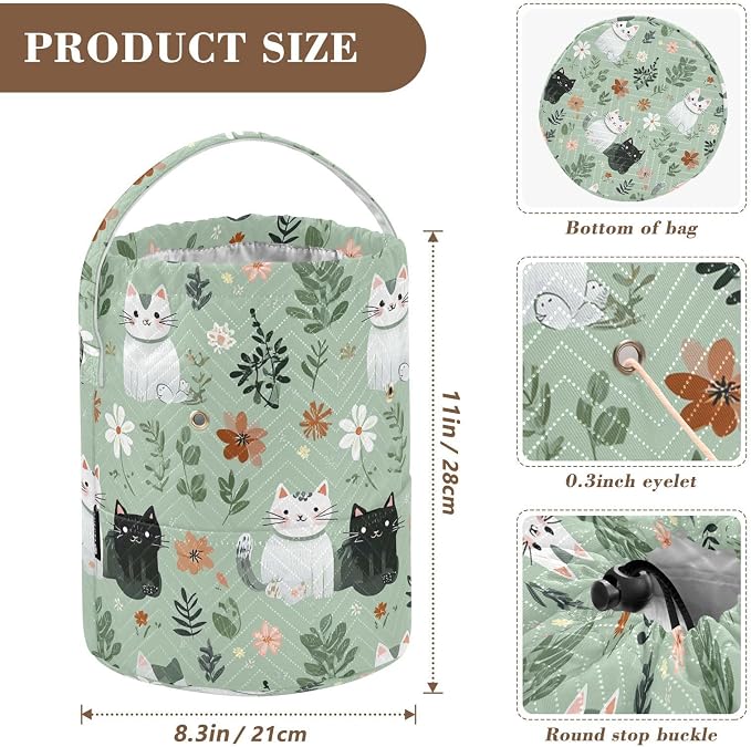 Tatenale Crochet Bag Yarn Bag Knitting Project Bag with Pockets and Handle Portable Yarn Storage Organizer Tangle Free 8.3x11 InchMint Green Floral and Cute Cats02