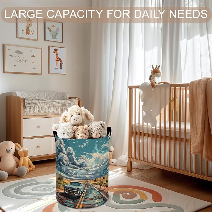 Vintage Car Laundry Basket Hamper 19.7"x15.8", Classic Auto Foldable Waterproof Oxford Clothes Storage Bucket for Room Bathroom Bedroom Nursery Decor, Toy Organizer Bins Gifts for Kids Boys Girls