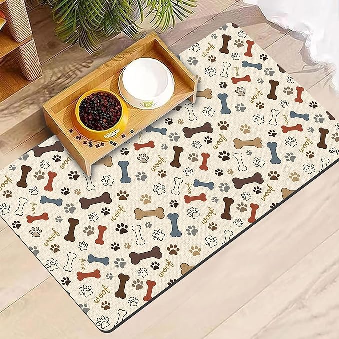 Dog Feeding Mat 30 x 17 Inch, Neutral Paw Bone Woof Dog Placemat Absorbent Quick-Dry for Food and Water, Waterproof Non Slip Rubber Pet Bowl Pad Mat for Floors