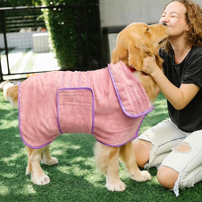Soft Dog Bathrobe Fast Drying Dog Coat, Super Absorbent Dog Towels for After Bath, Microfiber Pet Robe Adjustable Collar & Belly Warm Keeping Dogs Coat for Pet Dogs & Cats (Pink, Large)