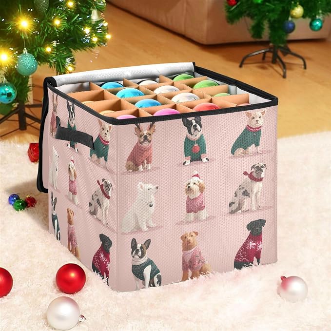 OTVEE Christmas Ornament Storage Box Holiday Decoration Organizer Stores upto 64 Holiday Ornaments Adjustable Dividers Tear-Proof Fabric Whimsical Pet Decor