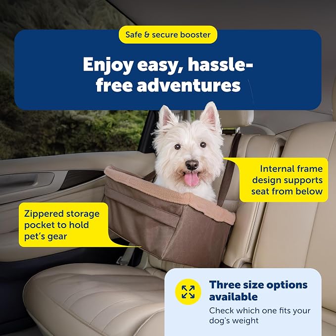 PetSafe Happy Ride Dog Booster Seat, Brown, Up to 25 Lb | Raises Small Dogs to Window Height In Most Cars, Connects to Seatbelt with Safety Tether, Fleece Liner Is Machine Washable