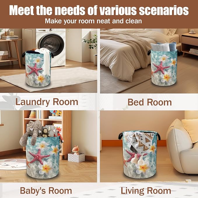Coastal Starfish Laundry Hamper,Plumeria Flowers Laundry Baskets,Waterproof Oxford Cloth Toy Storage for Bedroom,Bathroom,Nursery,16x20.8 Inch