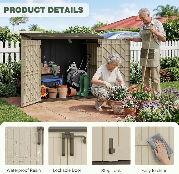 LHBcraft Waterproof Outdoor Storage Box 36 Cu Ft with Lockable Doors,Portable Outdoor Storage Shed,Horizontal Outdoor Storage Cabinet for Garden,Easy to Assemble