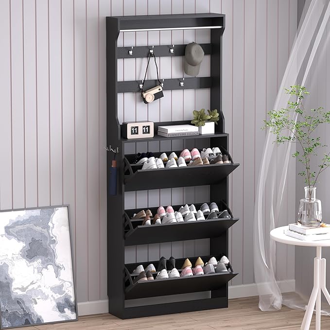 BORNOON Shoe Cabinet with 3 Flip Drawers & Coat Rack, Narrow Hidden Shoe Storage Cabinet, 2-in-1 Hall Tree Slim Freestanding Shoe Rack Organizer for Entryway, Hallway, and Living Room