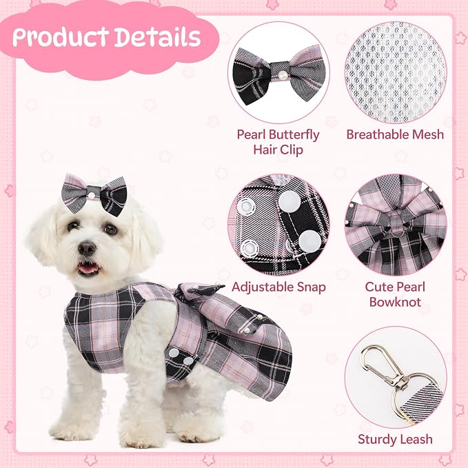 Coppthinktu Plaid Dog Dresses for Small Dogs Girl Bowknot Harness Leash Set