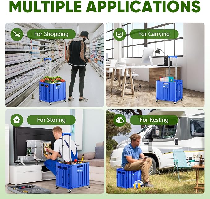 Folding Utility Cart with Lid, Portable Rolling Crate Handcart Collapsible Shopping Trolley, Durable Plastic Foldable Tool Basket with 4 Rotate Wheels for Grocery, Office, Luggage, School - Blue
