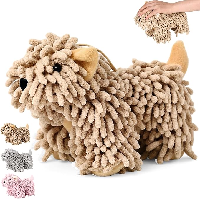 Tegeme 1 Pcs Chenille Dog Hand Towel Fuzzy Dog Towel Absorbent Microfiber Soft for Bathroom Kitchen Washstand (Brown)