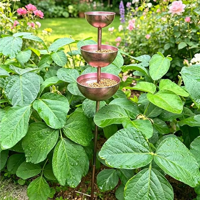 Rain Catcher Bird Bath 3-Tier, Rain Catcher Garden Stake, Antique Bronze Metal Water Bowls Bird Bath and Bee Watering Station with Soil Post for Lawn Edge,Flower Bed, and Open Yard Display