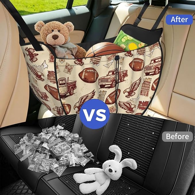 American Retro Car Seat Organizer-Backseat Storage Bag for Travel | Waterproof Durable. Holds Snacks Gear Essentials. Fits Most Cars.