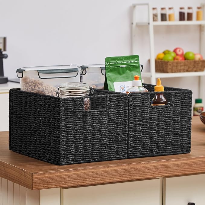 Vagusicc Wicker Storage Basket, Set of 2 Hand-Woven Paper Rope Wicker Basket, Small Storage Baskets for Organizing Toilet Paper Baskets, Foldable Large Cube Storage Organizer Bin for Shelves (Black)