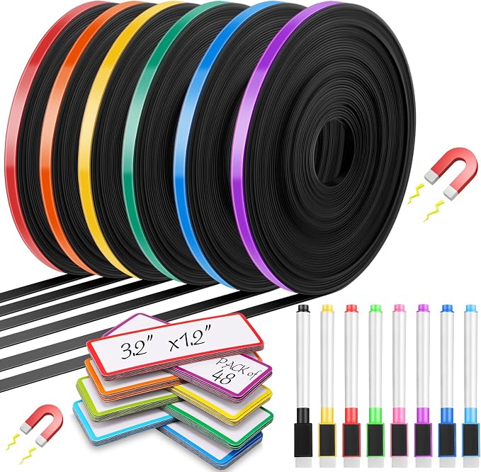Tellegloww 6 Rolls 1/4" Magnetic Whiteboard Tape Set 33ft Tape Roll Thin Strips Borders with 48 Dry Erase Label and 8 Magnetic Whiteboard Markers for Classroom School Office Home(Mix Color)