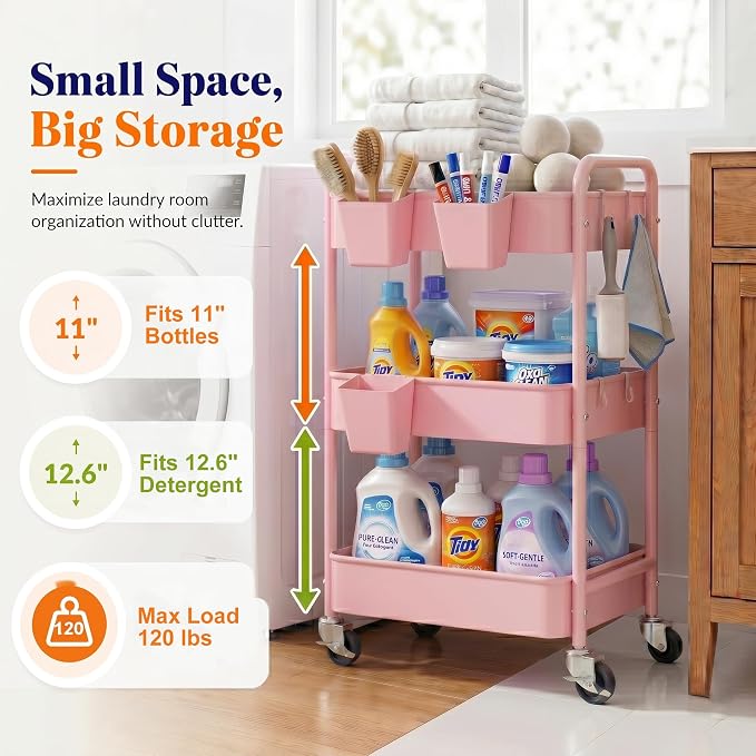 3 Tier Rolling Cart Metal with Lockable Wheels, Pink Three Tiered Diaper Caddy Cart Organizer on Wheels, Storage Utility Trolley Carts for Craft, Art, Nail, Lash, Baby Supplies, Cleaning, Mesh