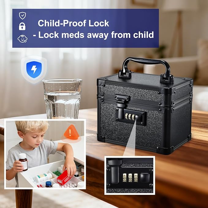 Black Medicine Lock Box - 7" Medication Lock Box & Lockable Storage Box for Personal Items - Secure Medicine Storage Box with 3-Digit Combination Lock - Aluminum Small Lock Box for Home Travel