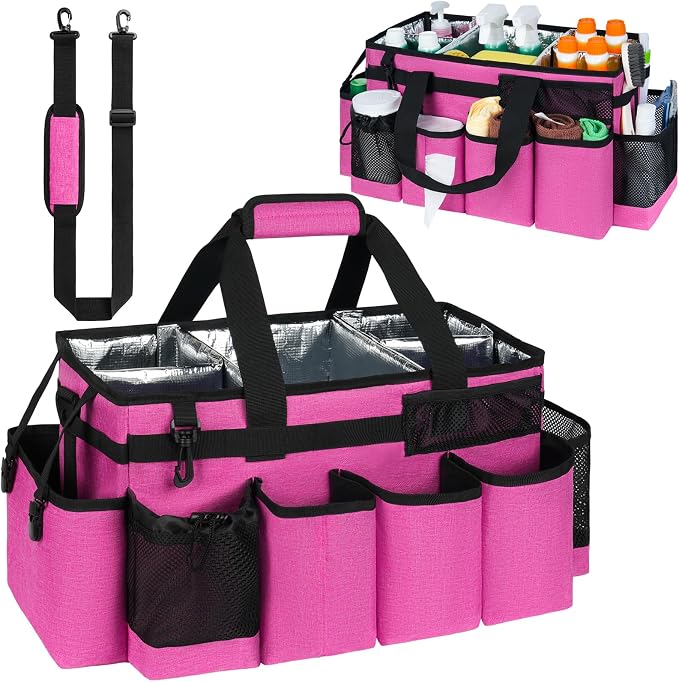 Cleaning Caddy Bag, Extra Large Cleaning Supply Bag for Housekeepers | Sturdy Cleaning Caddy Organizer for Cleaning Supplies with Handle and Adjustable Shouder Strap, Easy to Clean,Rose Pink