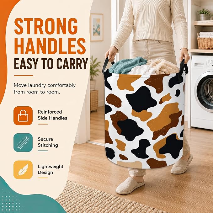 Cow Skin Laundry Basket with Handles,Black Brown Foldable Oxford Laundry Hamper,Collapsible Clothes Storage Basket for Laundry Room/Bathroom/Bedroom/Dormitories 20.8 x 16 Inches