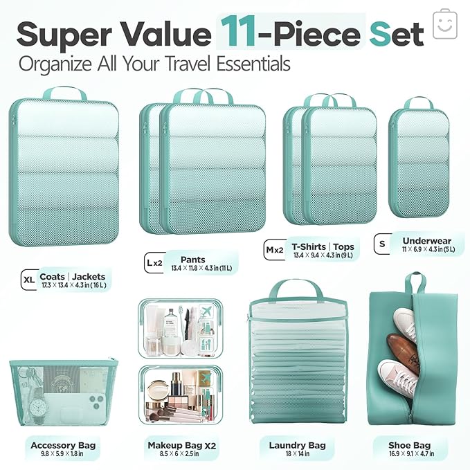 Veken 11 Set Compression Packing Cubes Garment Bags for Travel Essentials,Compressible Expandable Luggage Organizer Bags for Clothing,Space Saver Bags with Over 1000 pcs of Mesh Holes(Blue Green)