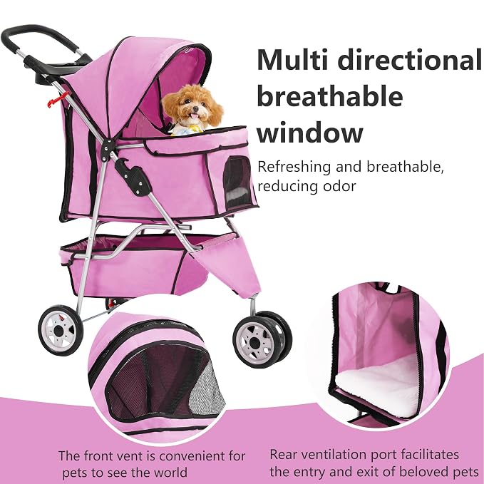 FDW 3-Wheel Pet Stroller Foldable Dog Cat Jogger Stroller Durable Travel Folding Carrier with Storage Basket Cup Holder,Peach Pink