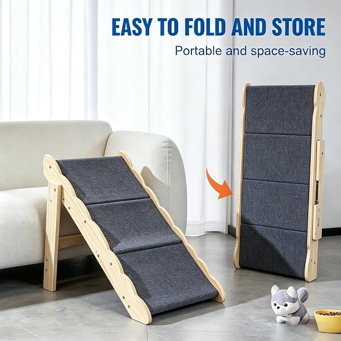 Wooden Pet Stairs, 2-in-1 Folded Pet Steps for Beds, Anti-Slip Dog Ramp with 4 Steps for Small Medium Large Pet, up to 150 lbs