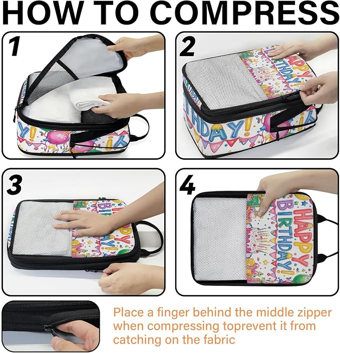Happy Birthday 6 Set Compression Packing Cubes Colorful Balloons Expandable Packing Organizer for Travel Accessories Luggage Suitcase Bag