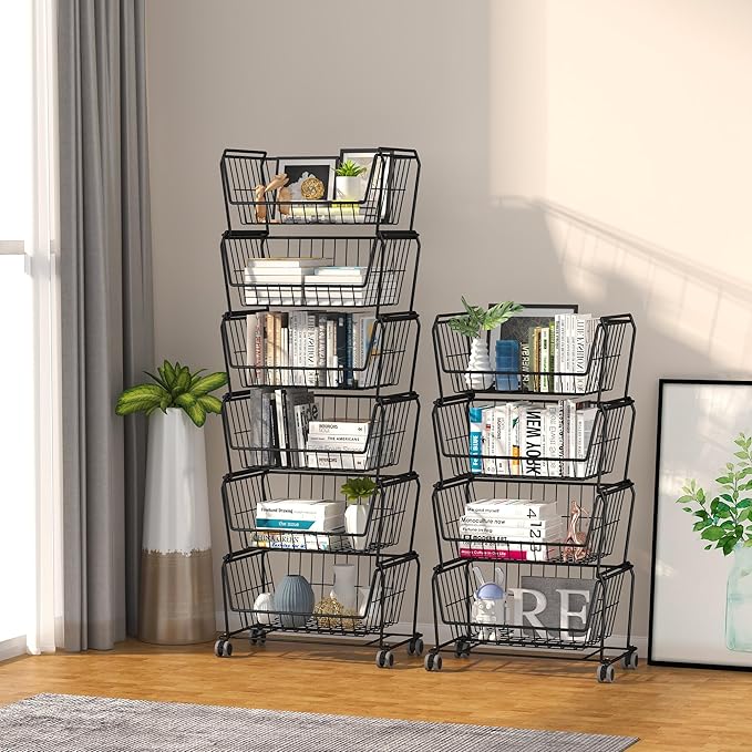 PUSDON 4-Tier Spacious Stackable Wire Storage Baskets with Wheels, Metal Rolling Utility Cart, Produce Basket for Pantry, Bathroom Organizer Shelf, Matte Black