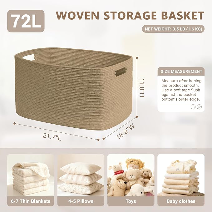 72L Large Woven Laundry Basket Hamper with Handles, Jute | collapsible wicker hamper, storage for dirty clothes, toys, blankets, gifts, living room, bedroom, bathroom, 22"x17"x12"