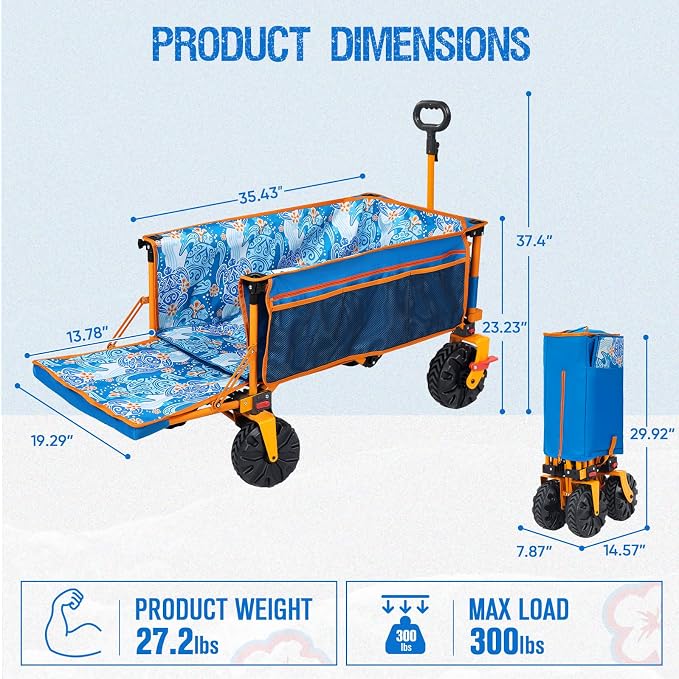 Old Bahama Bay 300lbs Extra Long 49" L Beach Wagon with Big Wheels with Brake for Sand, Collapsible Utility Beach Cart Heavy Duty Folding Wagon,Ideal for Outdoor Sand Camping Garden Pet