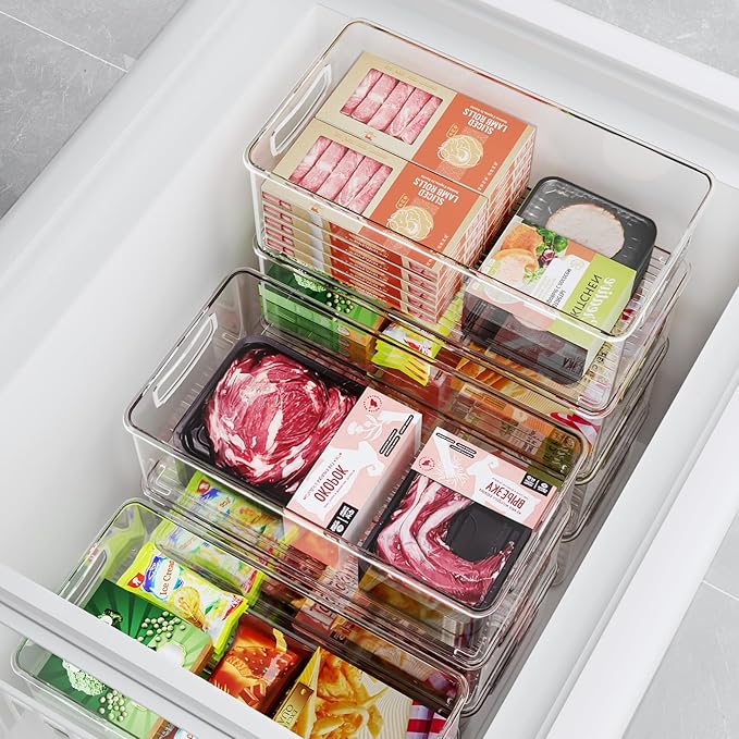 Heyuzb 16 PACK Freezer Organizer Bins Fridge Organizers and Storage Stackable Refrigerator Organizers Bins with Side Handles Clear Storage Bins for Pantry, Under Sink, Kitchen Cabinet