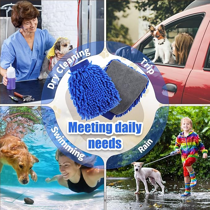 Teenyyou 2 Pcs Dog Towel Mitt Dry Bath Gloves Chenille Microfiber Paws Clean Pet Hair Washing Gloves Dog Grooming Mitts Bath Supplies for Cats Rabbits Horses Suitable for Long/Short/Poodle Fur(Blue)