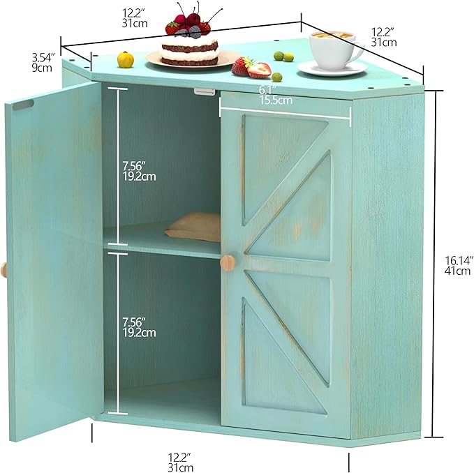 Trironsun Corner Bread Box for Kitchen Counter Double Layer Bamboo Bread Storage Container Large Capacity Bread Storage Bin Farmhouse Breadbox Organizer (Antique Blue)