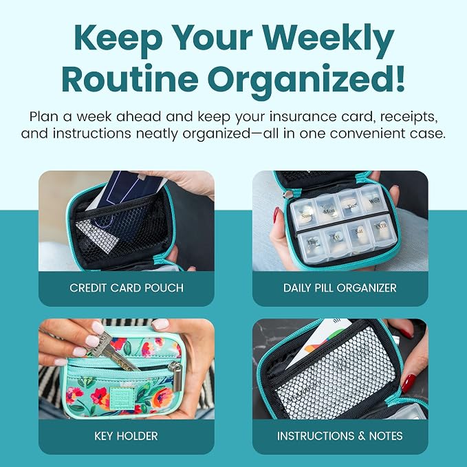 Made Easy Kit Pill Case for Everyday and Travel - 7-Day Weekly Medicine Supplement Vitamin Organizer Sorter Tracker - Neoprene Bag with Pockets - Compact Portable 8 Compartments (Teal)