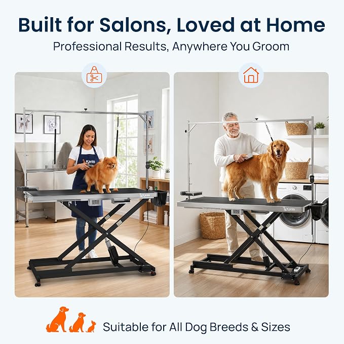 Professional Electric Dog Grooming Table - Heavy Duty | Height Adjustable Pet Grooming Table w/Leveling Wheels, Dog Grooming Arm, Anti-Slip Tabletop & Tool Organizer (Black, 60")
