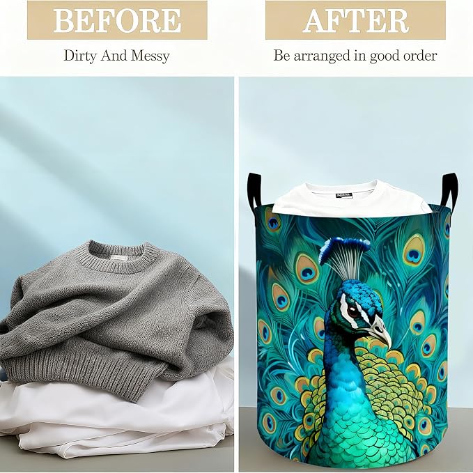 Peacock Laundry Basket Hamper for Boys Girls Kids Adults, Foldable Waterproof Oxford Clothes Storage Bin, Colorful Bird Organizer for Bedroom Bathroom Room Decor 19.7"x15.8"