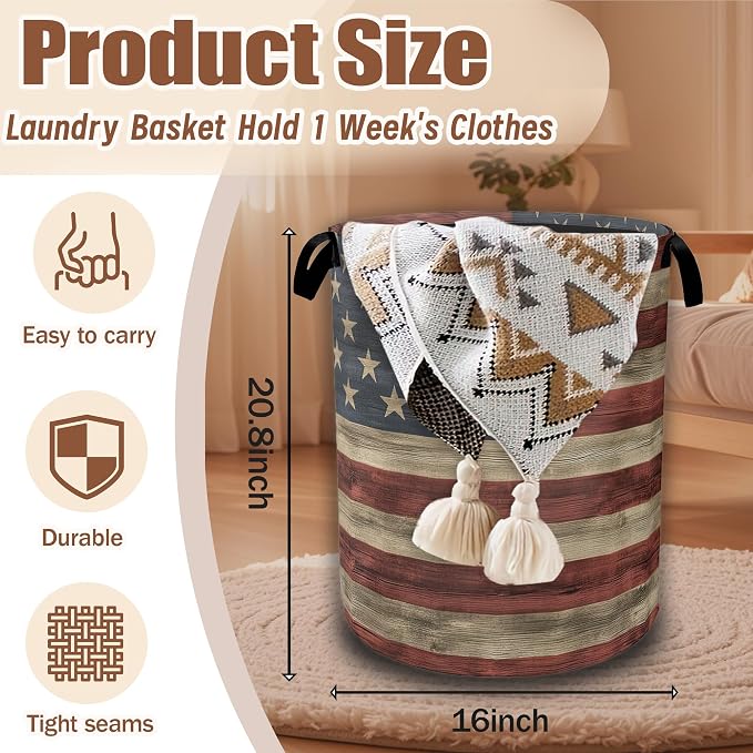 American Flag Grunge Laundry Basket,Waterproof Foldable Laundry Hamper,Dirty Clothes Basket, Linen Bin Storage Organizer Collection 16" x 20.8"