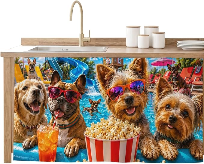 Summer Dog Sink Skirt for Bathroom, Self-Adhesive Under Sink Curtain, Summer Fantasy Pets Juice Popcorn Pool Country Hide Pipes & Storage Fabric Cabinet Skirt Cover for Kitchen Laundry 32"x55"
