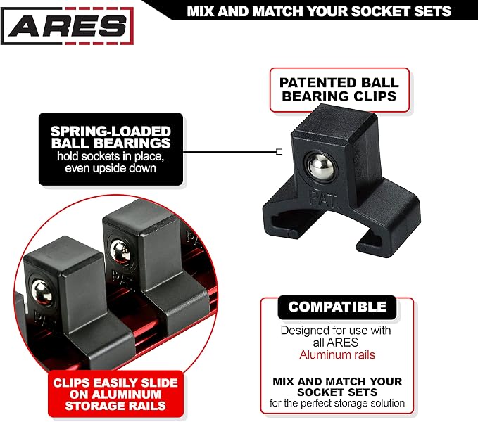 ARES 70342 1/2-Inch Drive Aluminum Socket Organizer | Store up to 10 Sockets and Keep Your Tool Box Organized; Sockets Will Not Fall Off this Rail