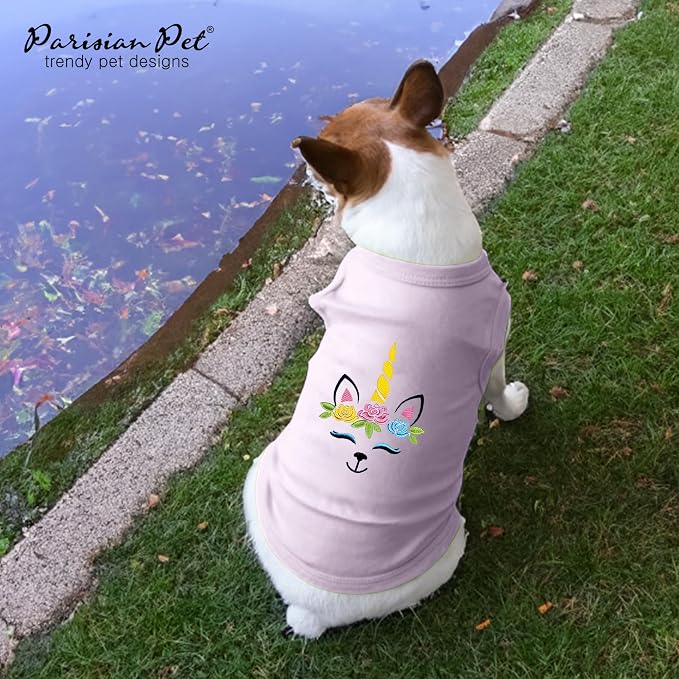 Parisian Pet Dog Shirt - 100% Cotton Unicorn Shirts for Small Dogs - Pink Sleeveless Girl Pet Clothes - Lightweight and Breathable Puppy Clothes - Stretchy Female Dog Apparel - T Shirts for Dogs