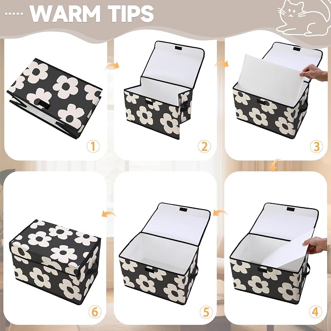 Stackable Clothes Storage Bins with Lids 3 Pack | Closet Organizers Fabric Cat Printing Box for Home and Office,Blanket Clothes Organizers,Under Bed Storage Containers