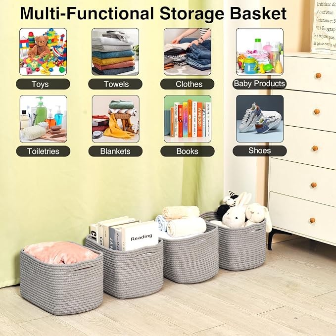 ICERZCZ Small Storage Baskets for Shelves Organizing, Woven Cotton Rope Baskets for Storage, Book Basket, Decorative Shelf Basket, 12.5"Lx9.1''Wx7.9''H (4 Packs) Grey