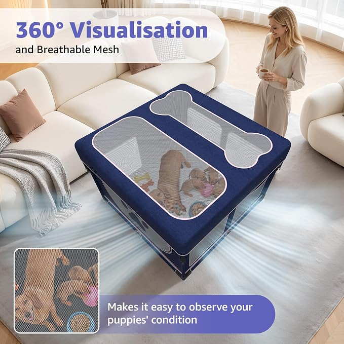LOOBANI Foldable Whelping Box for Dogs, 1 Min Setup, 43.3"x43.3"x27.1" | Pet Puppy Playpen Indoor With Cover & Waterproof Bottom, Portable Birthing Box For Dog Cat Duck,Sturdy,Patented,Blue+Pink